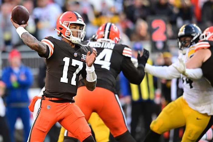 Nov 19, 2023; Cleveland, Ohio, USA; Cleveland Browns quarterback Dorian Thompson-Robinson (17) throws a pass during the second half against the Pittsburgh Steelers at Cleveland Browns Stadium. Mandatory Credit: Ken Blaze-USA TODAY Sports